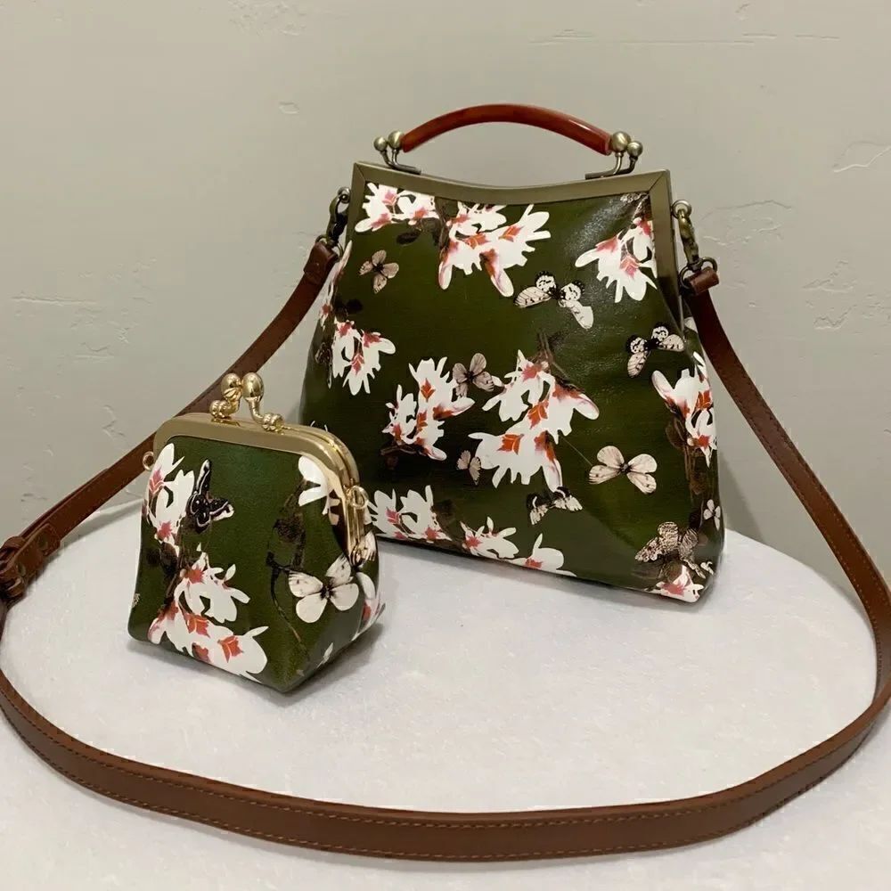 Handmade Genuine Leather Floral Print, Vintage Style Double Kisslock Handbag Set